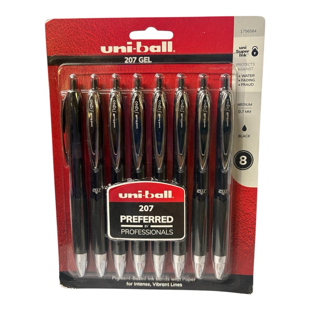 Uniball 207 Signo Black Ink Pigment Pen Fraud Prevention .7mm Medium Point 8pk